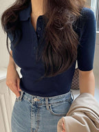 Polo Neck Half-Open Knitted Top With Short Sleeves Summer