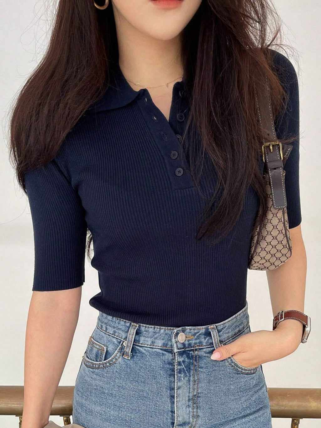 Polo Neck Half-Open Knitted Top With Short Sleeves Summer