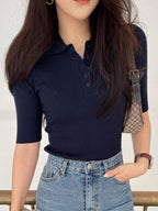 Polo Neck Half-Open Knitted Top With Short Sleeves Summer