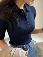 Polo Neck Half-Open Knitted Top With Short Sleeves Summer