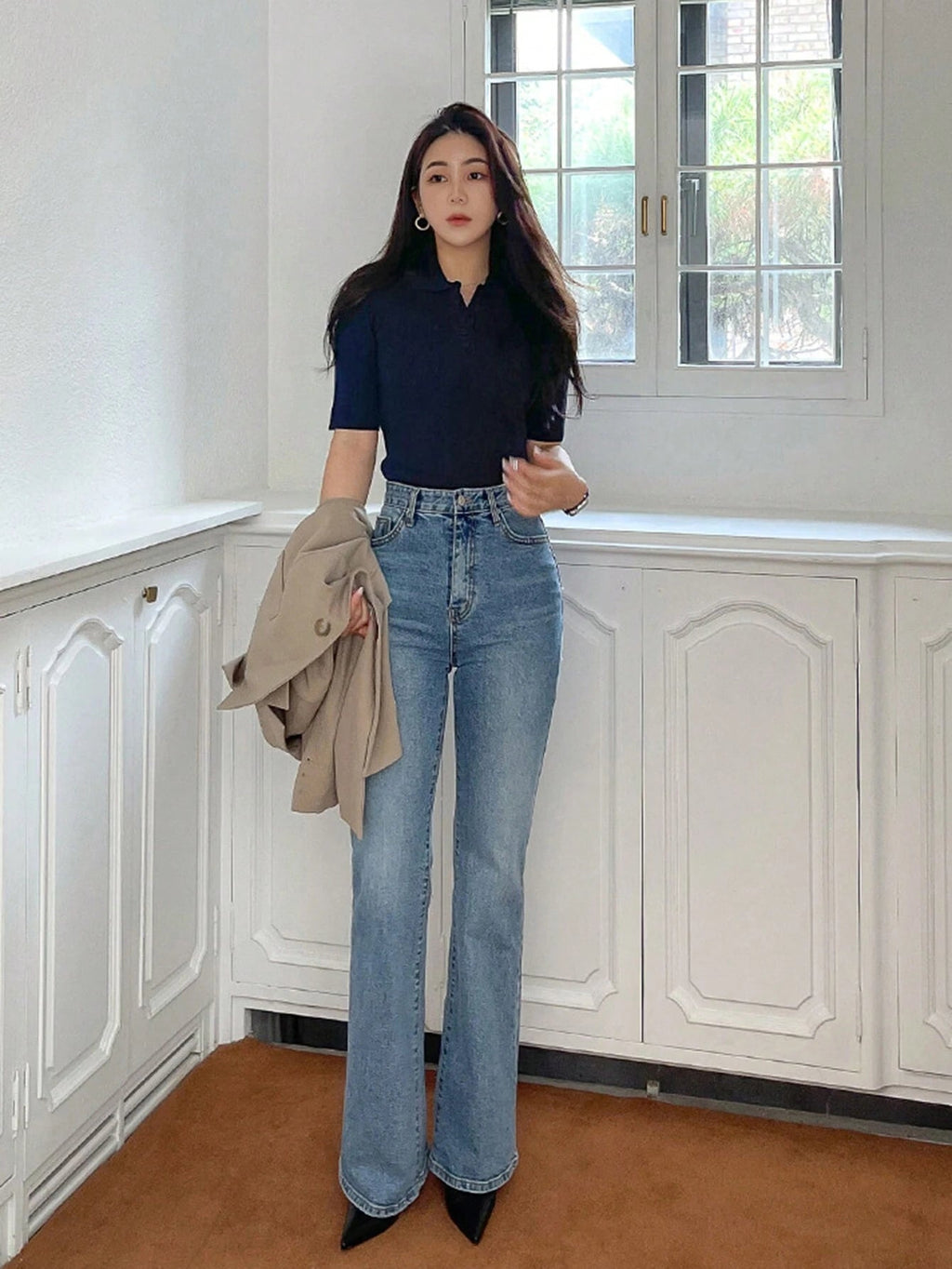 Polo Neck Half-Open Knitted Top With Short Sleeves Summer