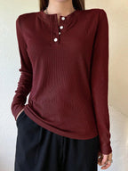 Women's Semi-Open Collar Fitted Long Sleeve T-Shirt
