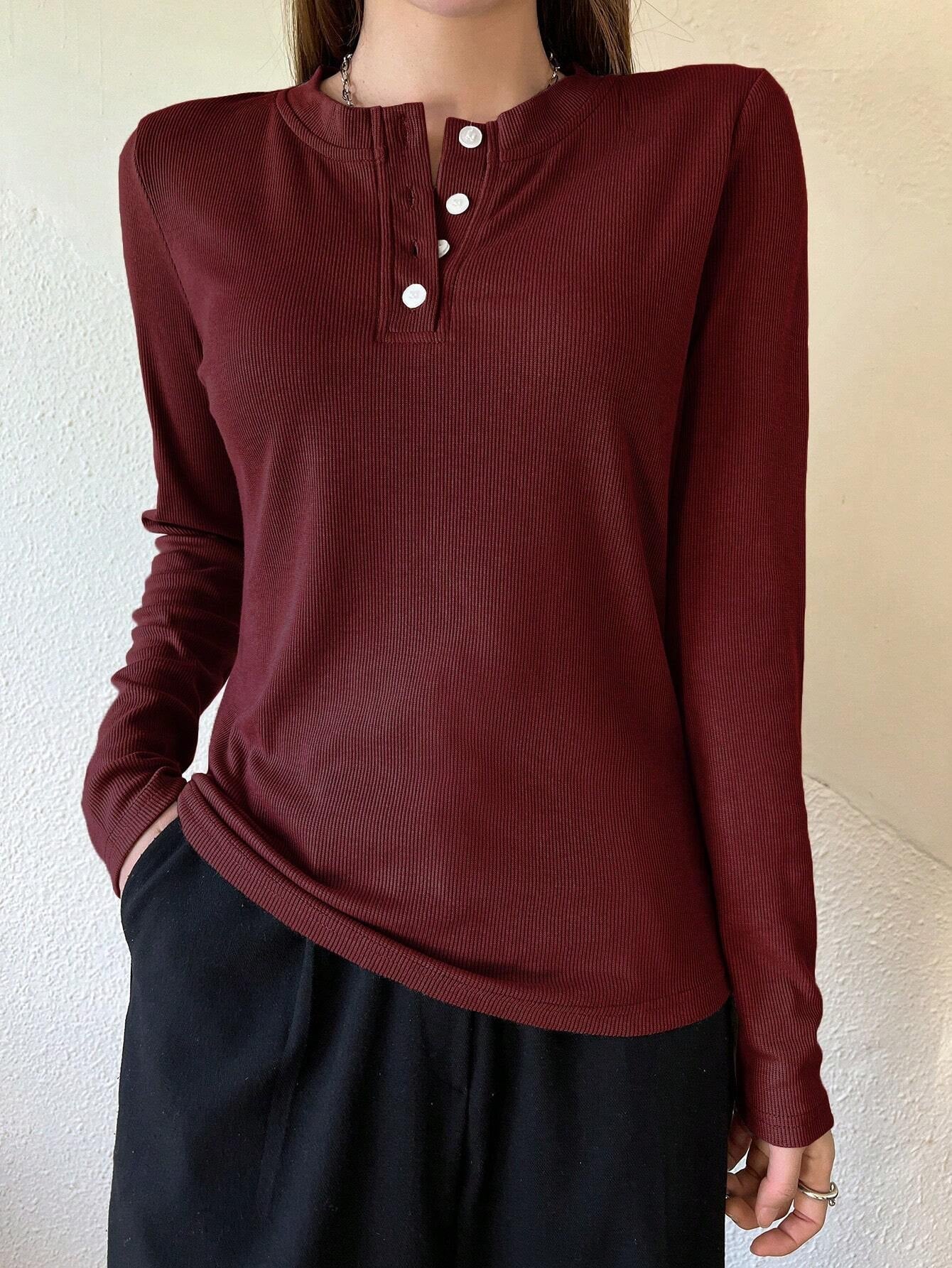 Women's Semi-Open Collar Fitted Long Sleeve T-Shirt