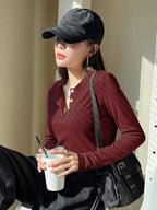 Women's Semi-Open Collar Fitted Long Sleeve T-Shirt