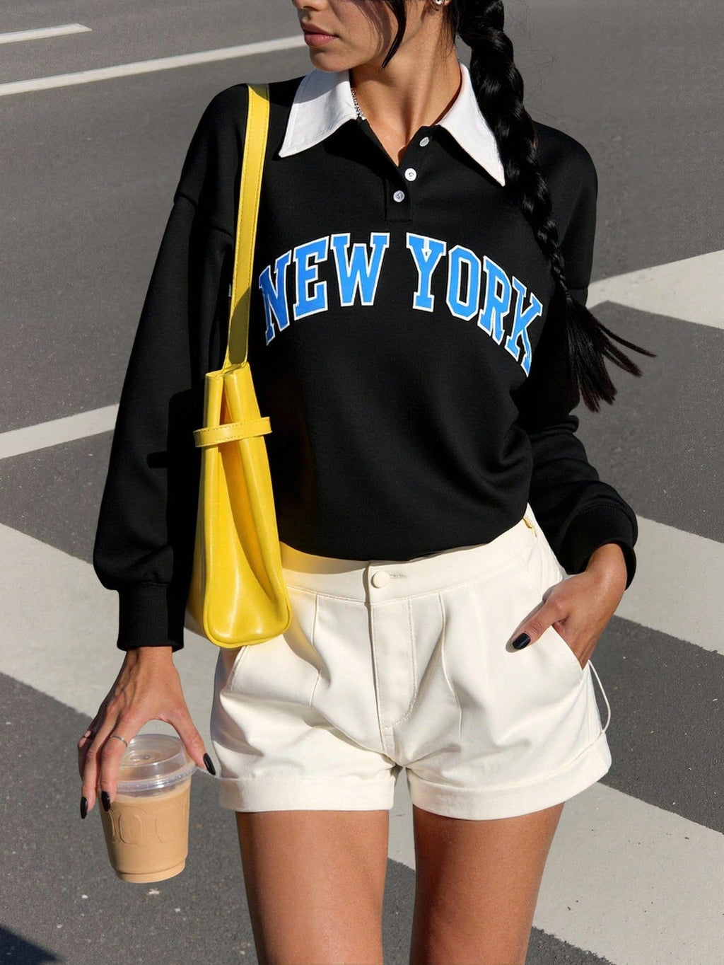Polo Collar Drop Shoulder Letter Graphic Pullover, Long Sleeve Tops Fall Outfit