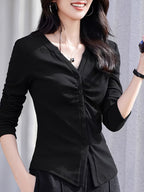 Casual V-Neck Long Sleeve T-Shirt - High Elasticity Semi-Sheer Button-Up Top