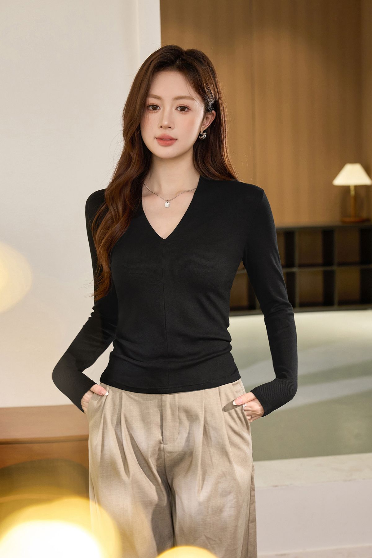 Casual Long Sleeve T-Shirt - Deep V-Neck Semi-Sheer Top