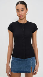 Ribbed Knit Cardigan - Stylish Solid Color T-Shirt with Full-Button Front and Ribbed Detailing, Perfect for Casual Wear