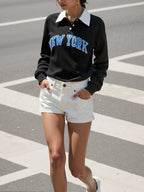 Polo Collar Drop Shoulder Letter Graphic Pullover, Long Sleeve Tops Fall Outfit