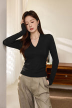 Casual Long Sleeve T-Shirt - Deep V-Neck Semi-Sheer Top