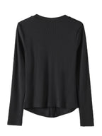 Casual V-Neck Long Sleeve T-Shirt - High Elasticity Semi-Sheer Button-Up Top
