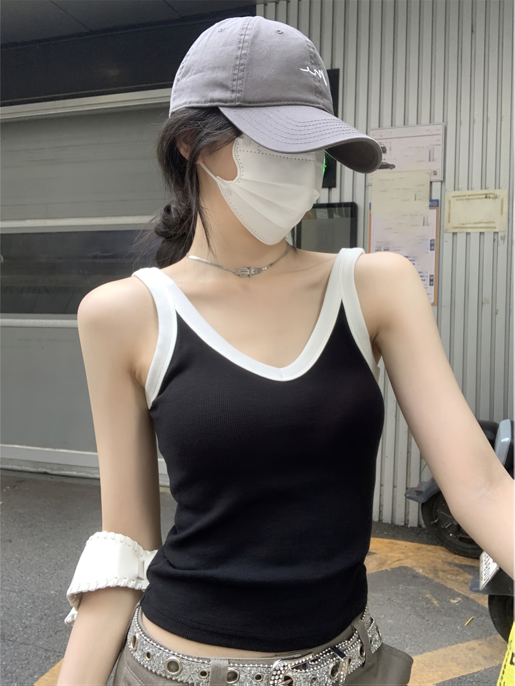 Slim Fit Stretch V-Neck Cropped Top with Contrast Trim