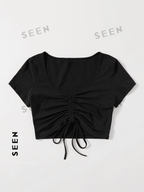 Solid Drawstring Ruched Tee
