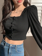 Solid Color Short Puff Sleeve Long Sleeve T-Shirt