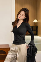 Casual Long Sleeve T-Shirt - Deep V-Neck Semi-Sheer Top