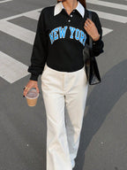 Polo Collar Drop Shoulder Letter Graphic Pullover, Long Sleeve Tops Fall Outfit