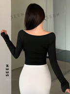 Women's Solid Color Square Neckline Long Sleeve Slim Fit T-Shirt