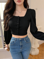 Solid Color Short Puff Sleeve Long Sleeve T-Shirt