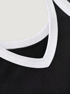 Slim Fit Stretch V-Neck Cropped Top with Contrast Trim