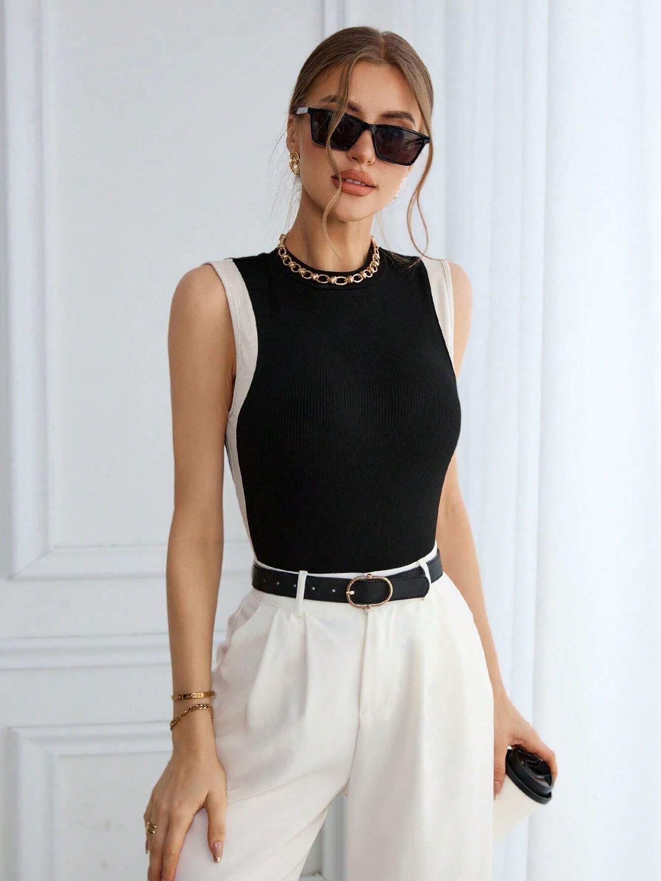 Color Block Knit Casual Round Neck Tank Top