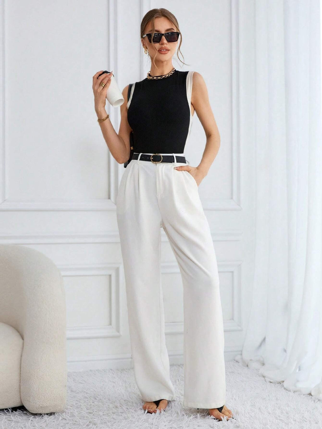 Color Block Knit Casual Round Neck Tank Top