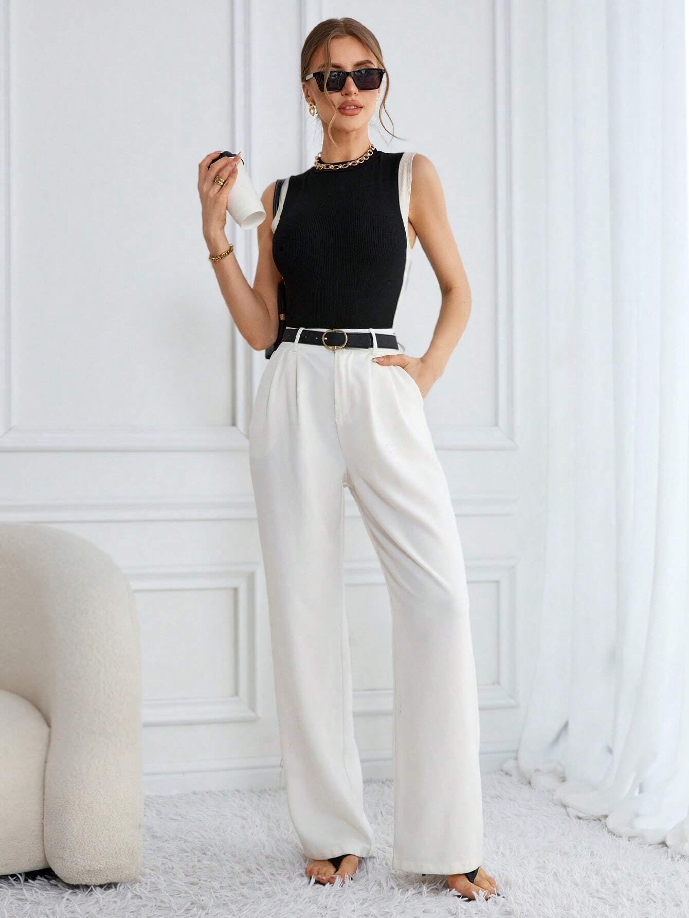 Color Block Knit Casual Round Neck Tank Top