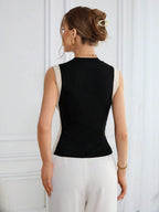 Color Block Knit Casual Round Neck Tank Top