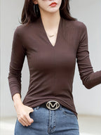 Casual Long Sleeve T-Shirt - Deep V-Neck Semi-Sheer Top