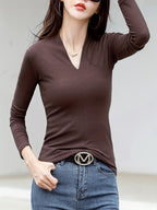 Casual Long Sleeve T-Shirt - Deep V-Neck Semi-Sheer Top