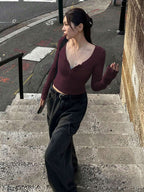 Solid Color Slim Fit Half-Placket Buttoned Long Sleeve T-Shirt