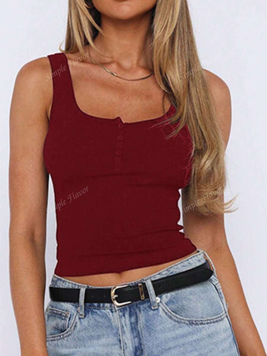 Solid Color Button Half Placket Tank Top