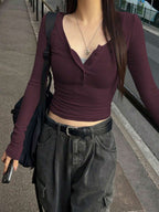 Solid Color Slim Fit Half-Placket Buttoned Long Sleeve T-Shirt