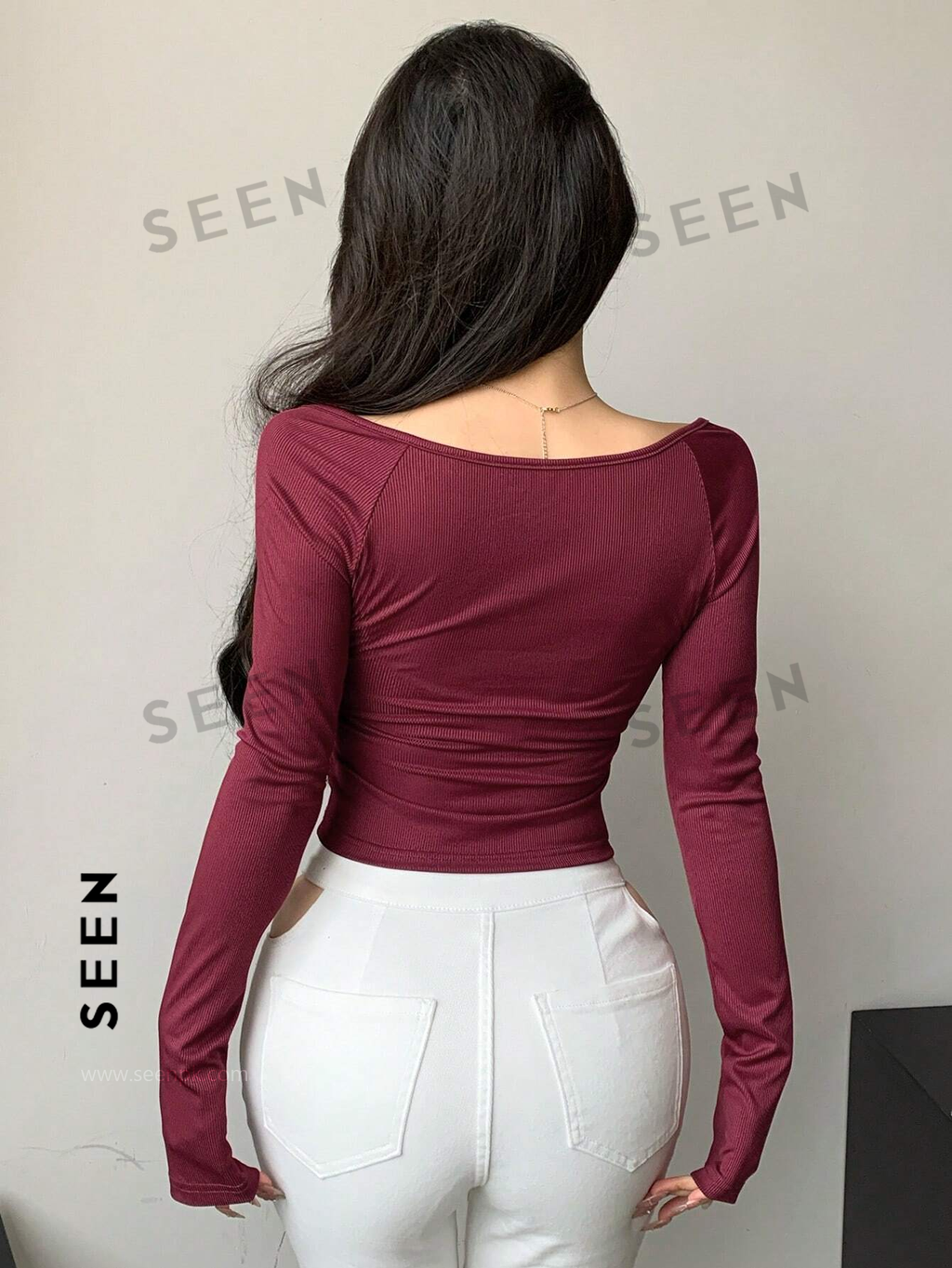 Women's Solid Color Square Neckline Long Sleeve Slim Fit T-Shirt