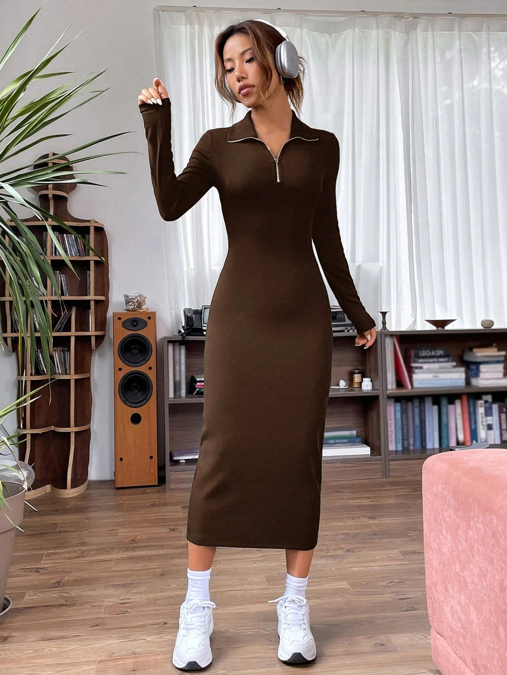 Solid Ribbed Knit Quarter Zip Bodycon Dress