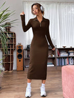 Solid Ribbed Knit Quarter Zip Bodycon Dress