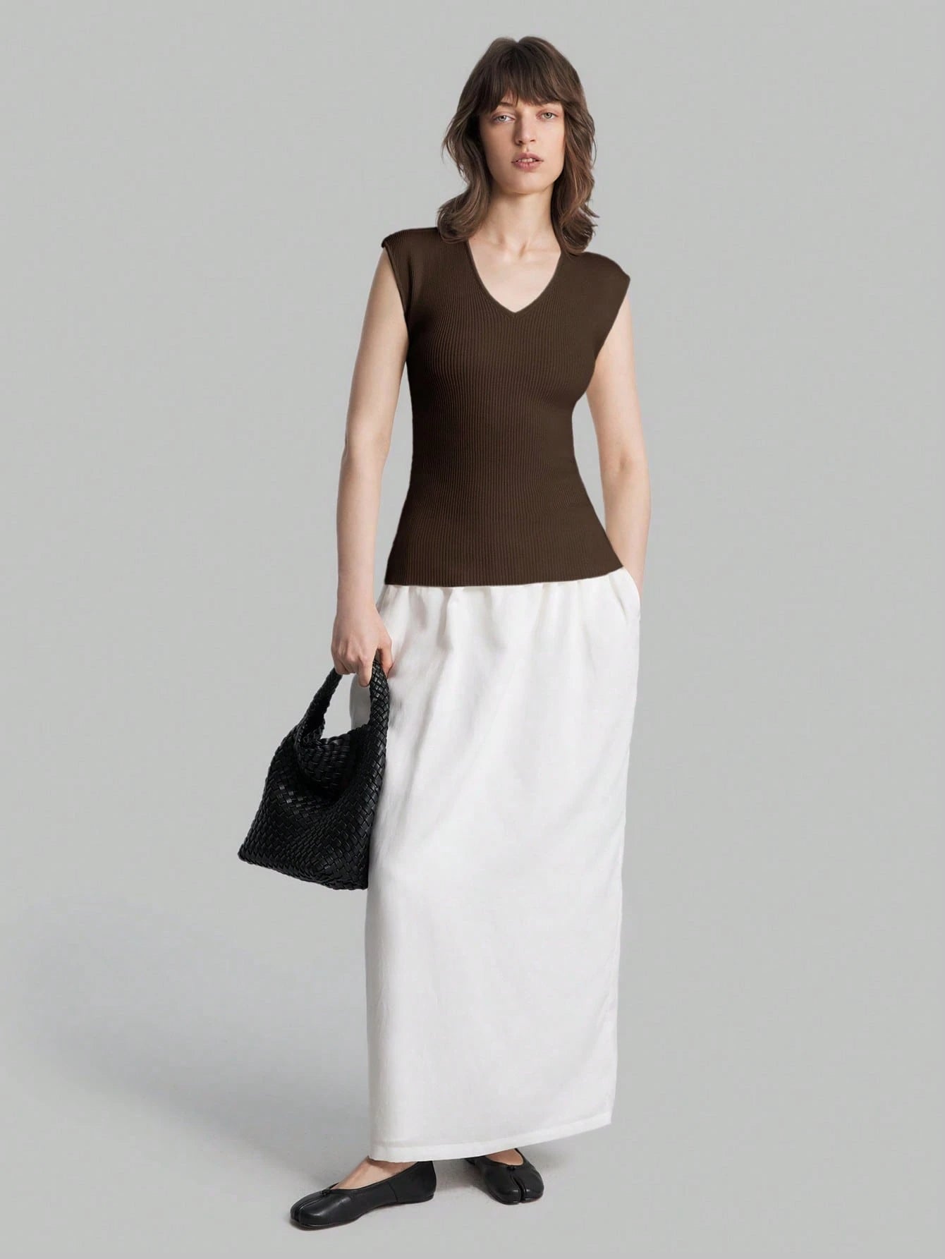 Solid Color Urban Chic Fashion Casual V-Neck Cap Sleeve Knit Blouse