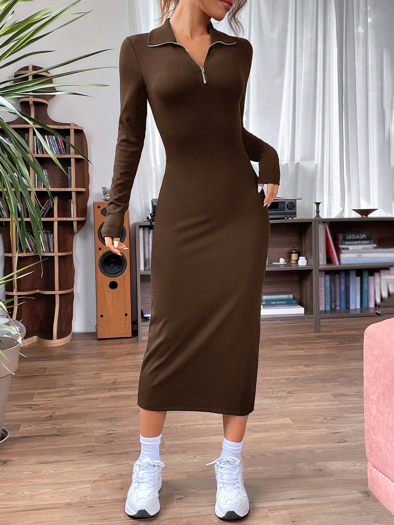 Solid Ribbed Knit Quarter Zip Bodycon Dress
