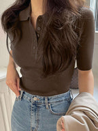 Polo Neck Half-Open Knitted Top With Short Sleeves Summer