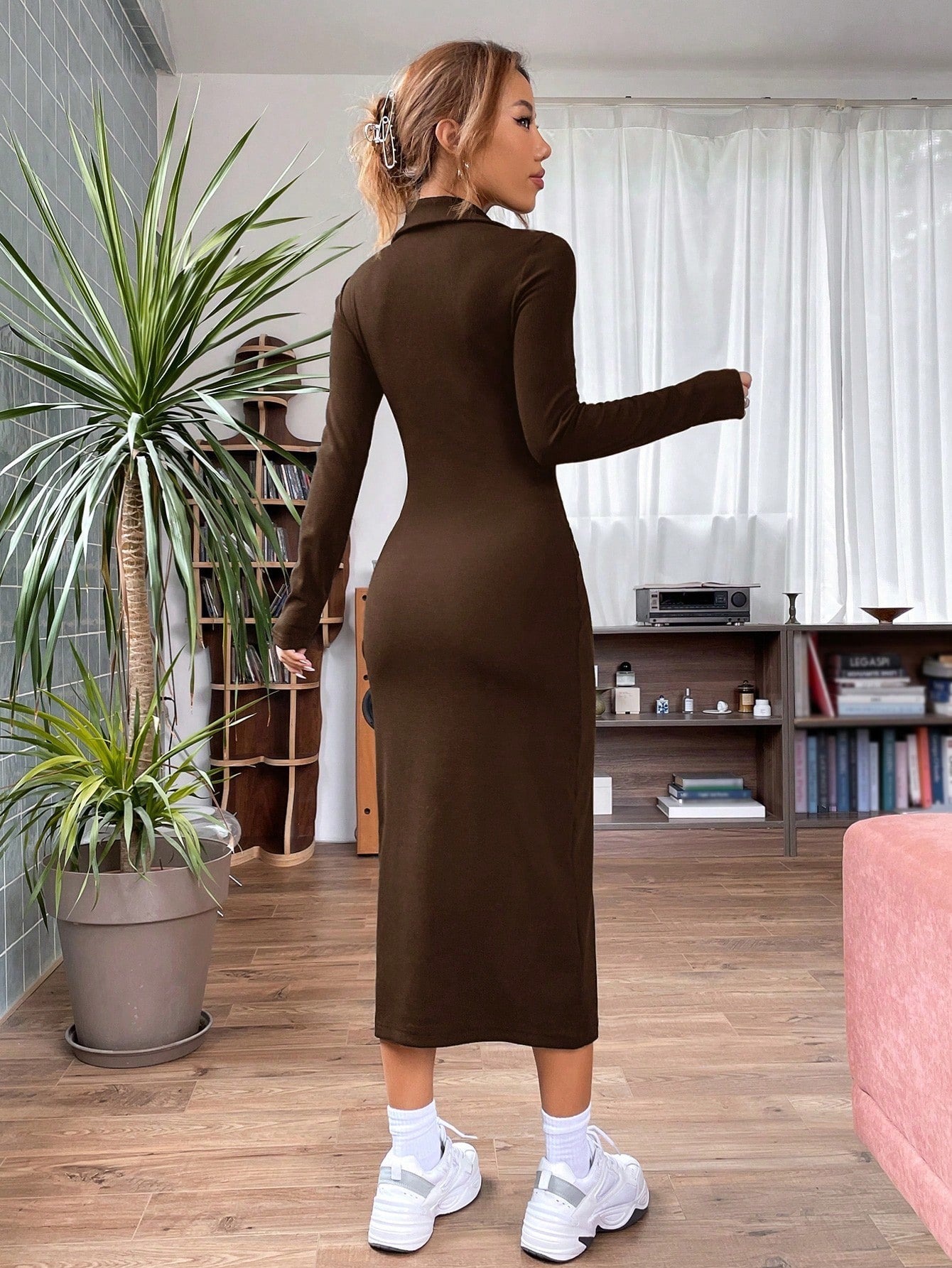 Solid Ribbed Knit Quarter Zip Bodycon Dress