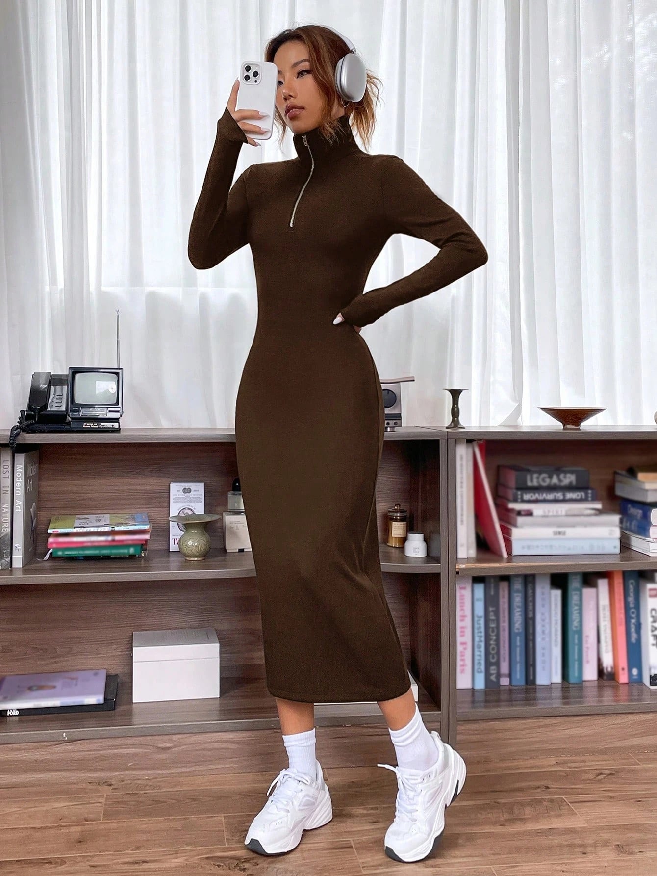 Solid Ribbed Knit Quarter Zip Bodycon Dress