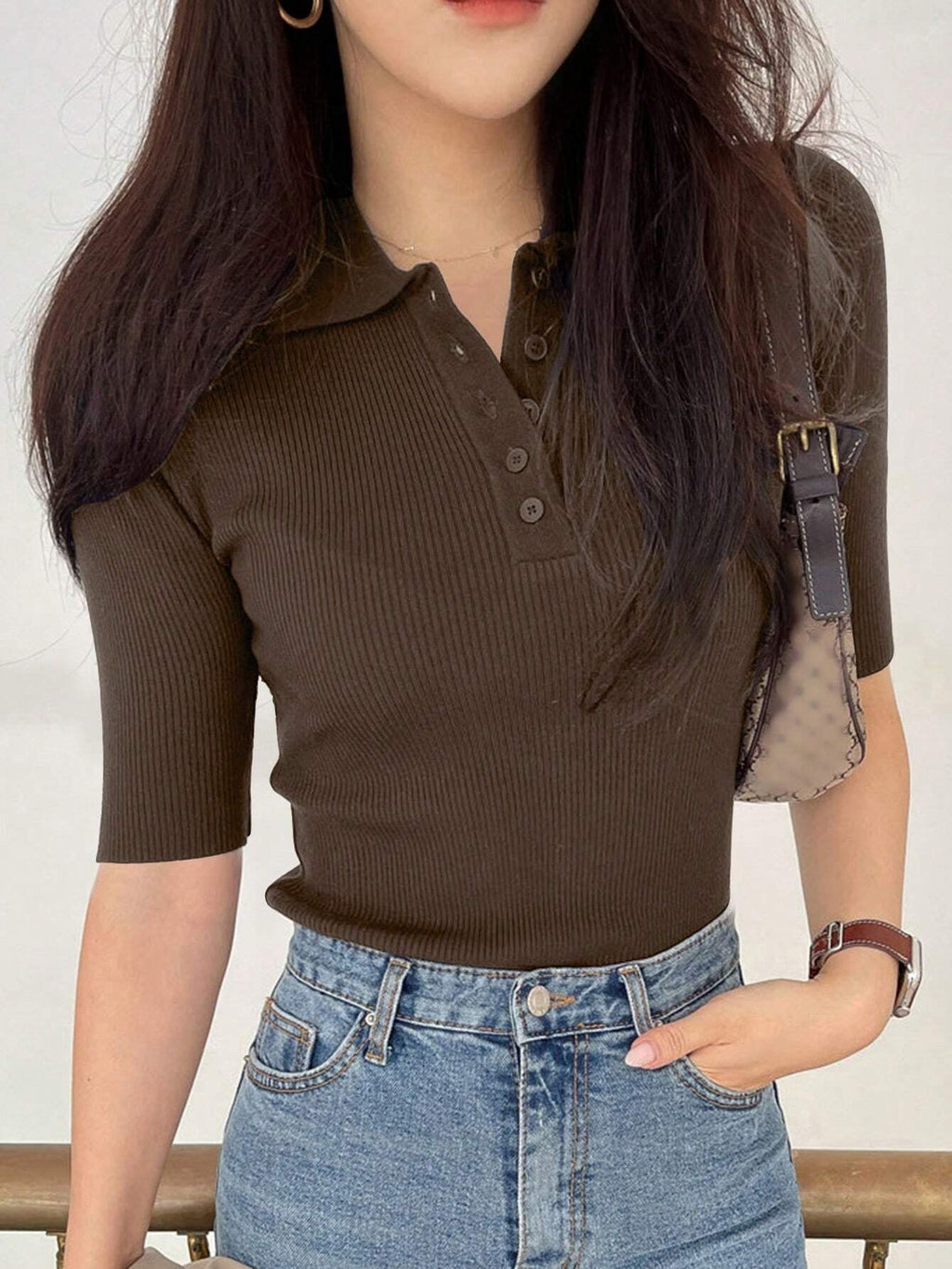 Polo Neck Half-Open Knitted Top With Short Sleeves Summer
