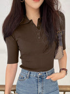 Polo Neck Half-Open Knitted Top With Short Sleeves Summer