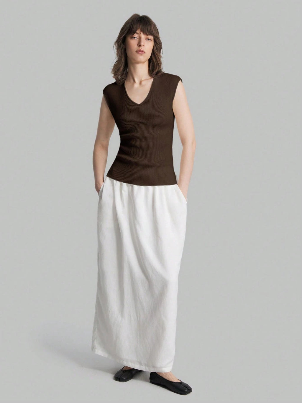 Solid Color Urban Chic Fashion Casual V-Neck Cap Sleeve Knit Blouse