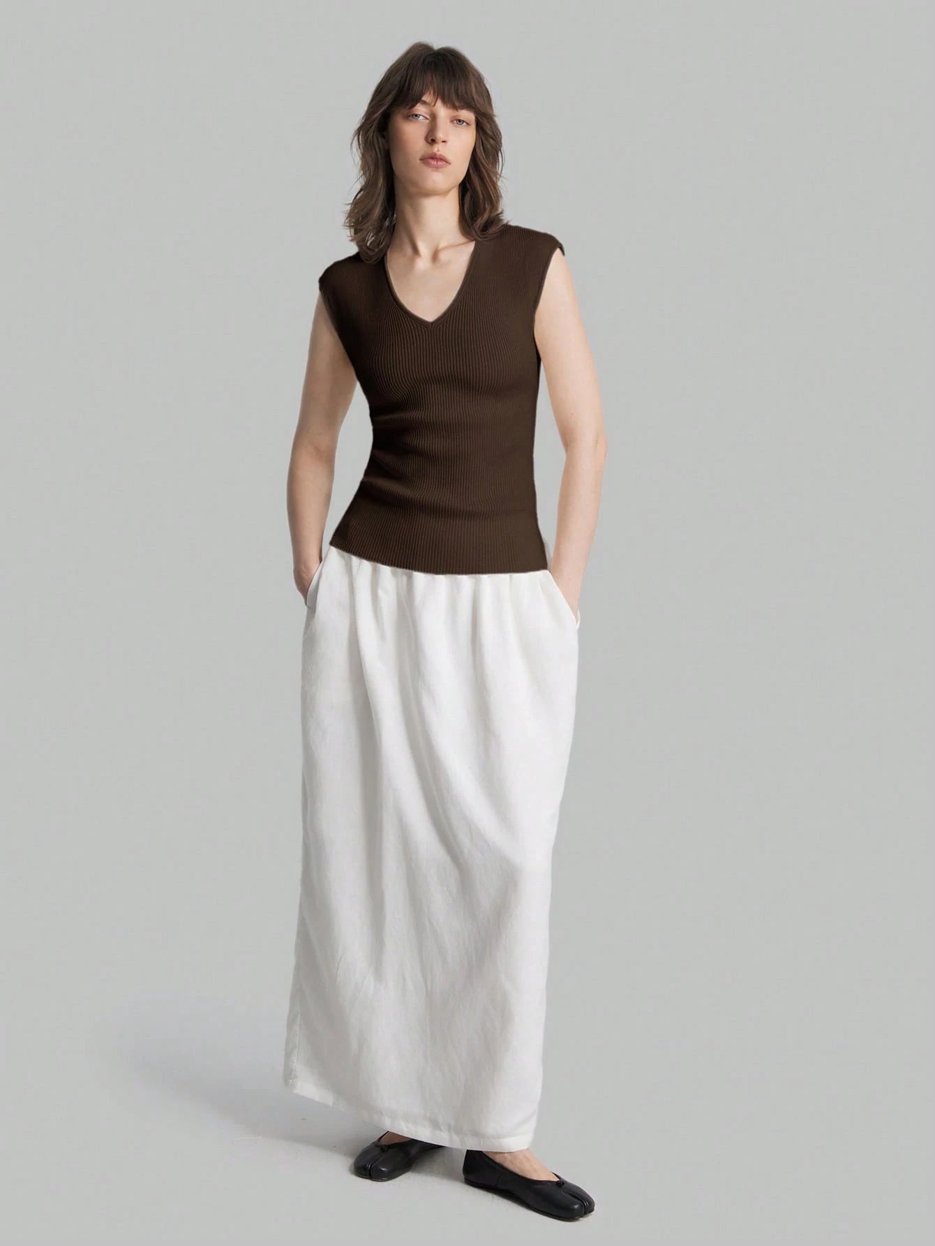 Solid Color Urban Chic Fashion Casual V-Neck Cap Sleeve Knit Blouse