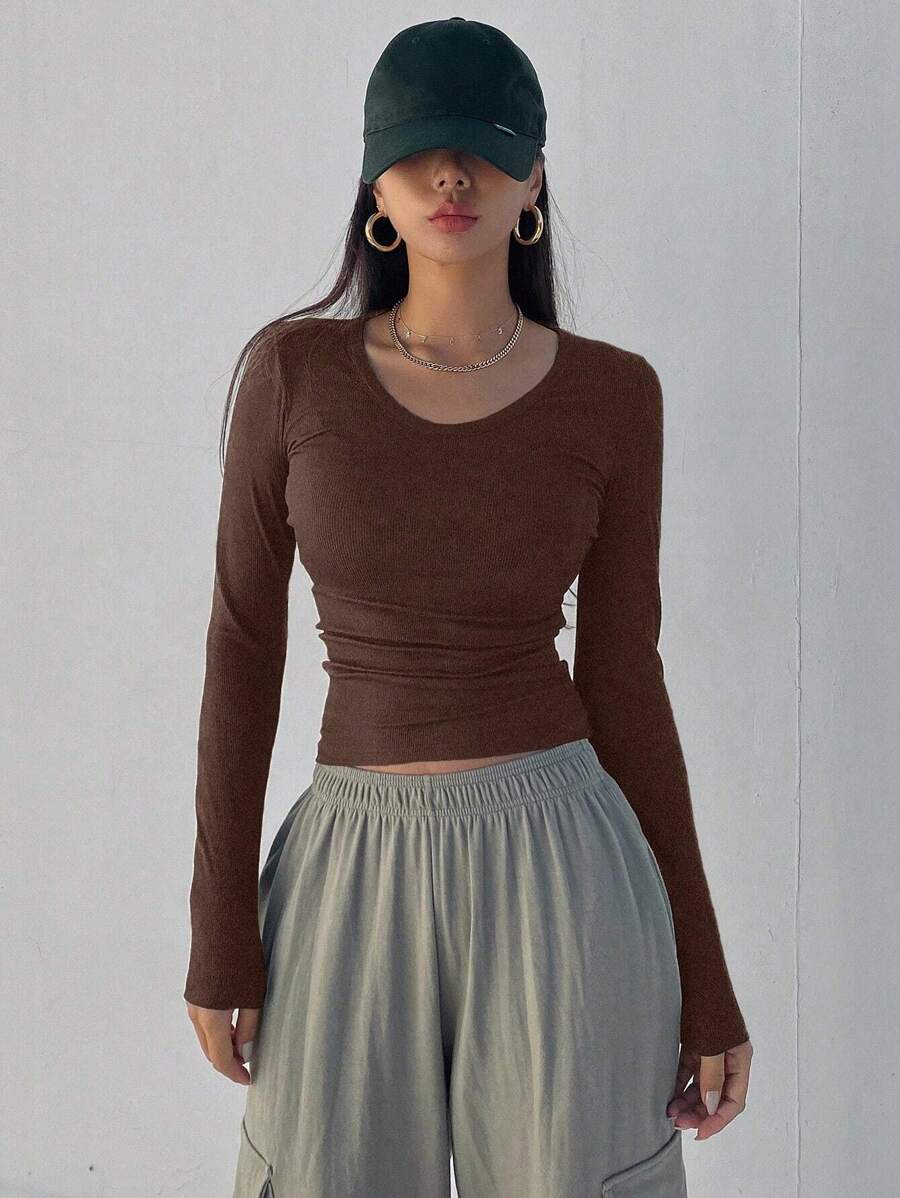 Solid Color Ribbed Slim Fit Long Sleeve T-Shirt