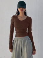 Solid Color Ribbed Slim Fit Long Sleeve T-Shirt