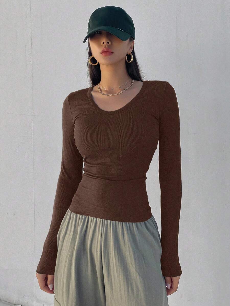 Solid Color Ribbed Slim Fit Long Sleeve T-Shirt