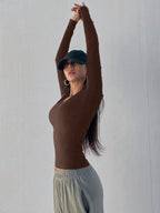 Solid Color Ribbed Slim Fit Long Sleeve T-Shirt