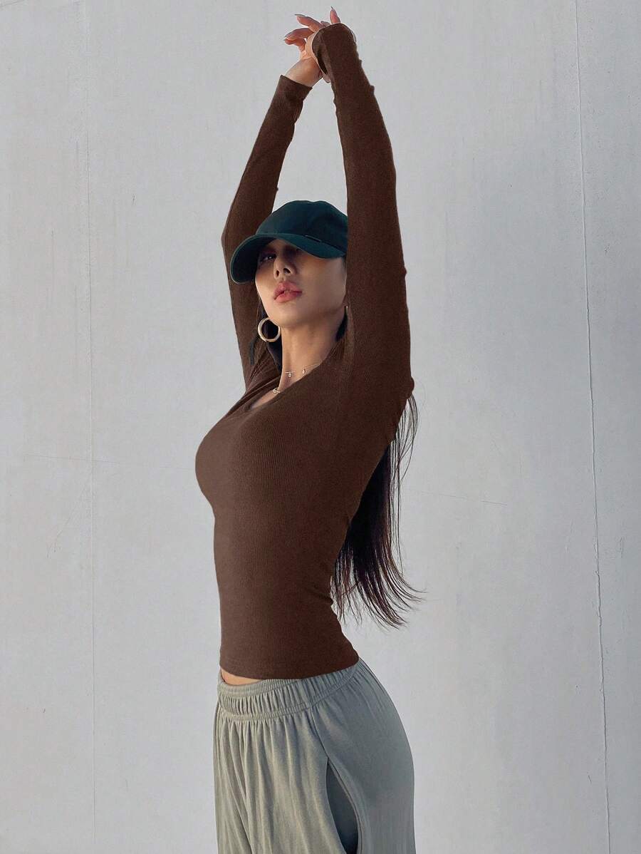 Solid Color Ribbed Slim Fit Long Sleeve T-Shirt