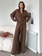 Casual Solid Color Turndown Collar Loose Sweater And Wide Leg Pants 2 Pieces Set
